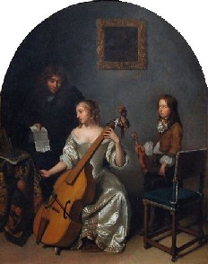 Lesson of viola da gamba, Caspar Netscher